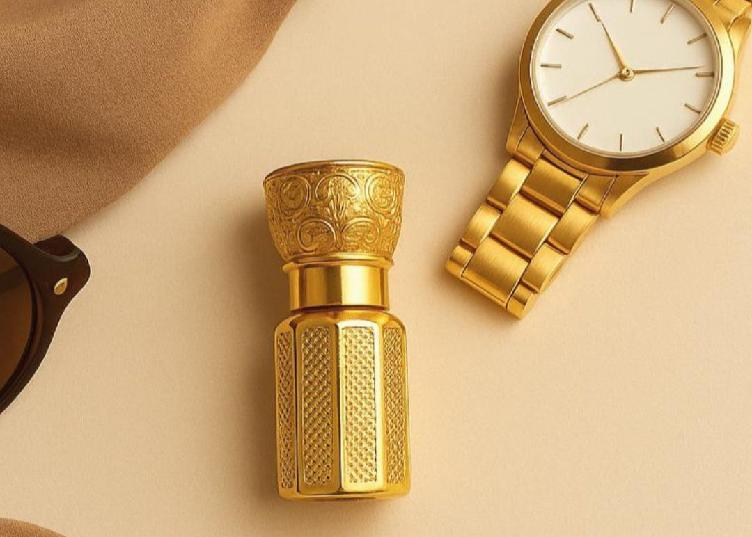 Flat lay of SillAura London perfume oils in different scents — elegant, alcohol-free fragrances